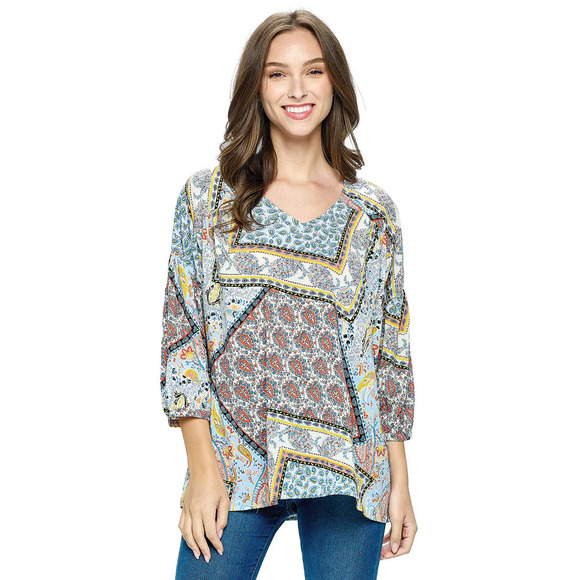 Yak & Yeti Tops - 24419 B Yak & Yeti Blouse Patchwork Print Pattern Blue Multi Various Sizes